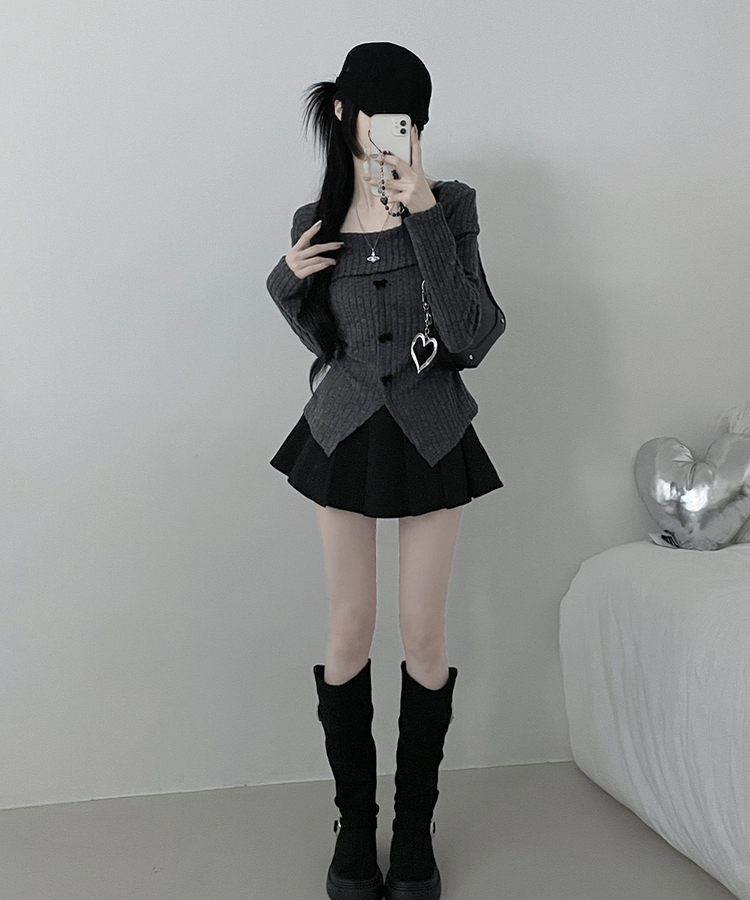 슬로리본골지오프숄더니트긴팔티셔츠