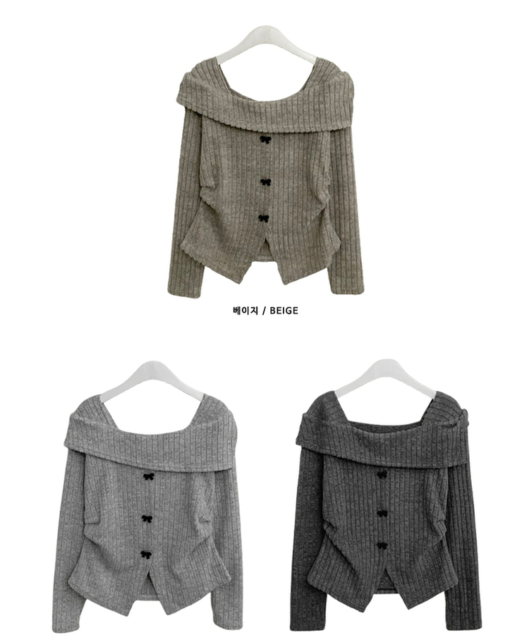 슬로리본골지오프숄더니트긴팔티셔츠