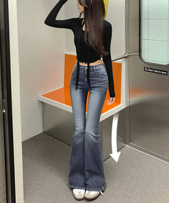 골반뽕 백포켓 자수 슬림 부츠컷 스판 데님 팬츠 중청