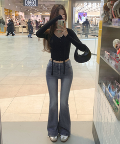 골반뽕 백포켓 자수 슬림 부츠컷 스판 데님 팬츠 중청