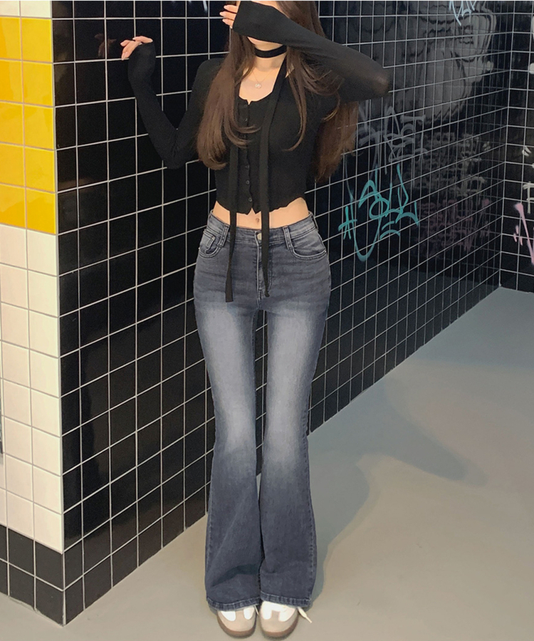 골반뽕 백포켓 자수 슬림 부츠컷 스판 데님 팬츠 중청