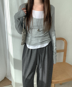 ストライプワイドバンディングパンツ CHARCOAL