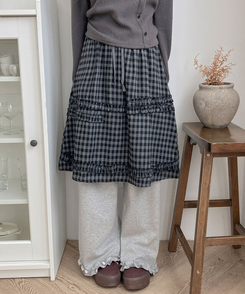 에이나 체크 프릴 밴딩 플레어 미디 스커트 a라인 체크치마 체크스커트 차콜