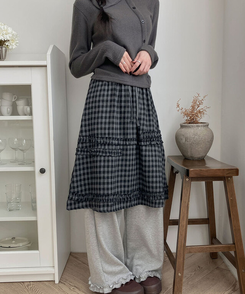 에이나 체크 프릴 밴딩 플레어 미디 스커트 a라인 체크치마 체크스커트 차콜