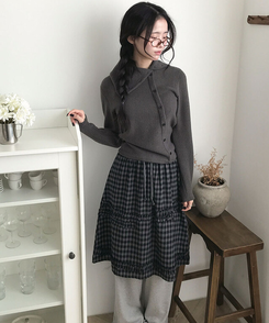 에이나 체크 프릴 밴딩 플레어 미디 스커트 a라인 체크치마 체크스커트 차콜