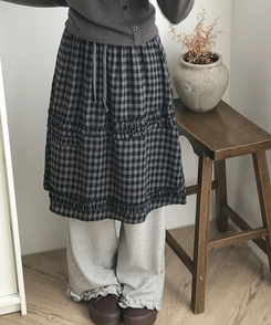에이나 체크 프릴 밴딩 플레어 미디 스커트 a라인 체크치마 체크스커트 차콜