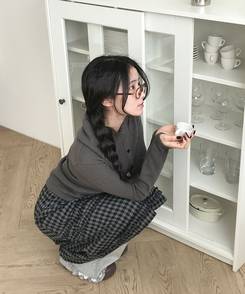 에이나 체크 프릴 밴딩 플레어 미디 스커트 a라인 체크치마 체크스커트 차콜