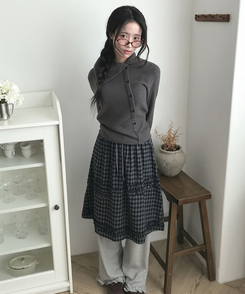 에이나 체크 프릴 밴딩 플레어 미디 스커트 a라인 체크치마 체크스커트 차콜