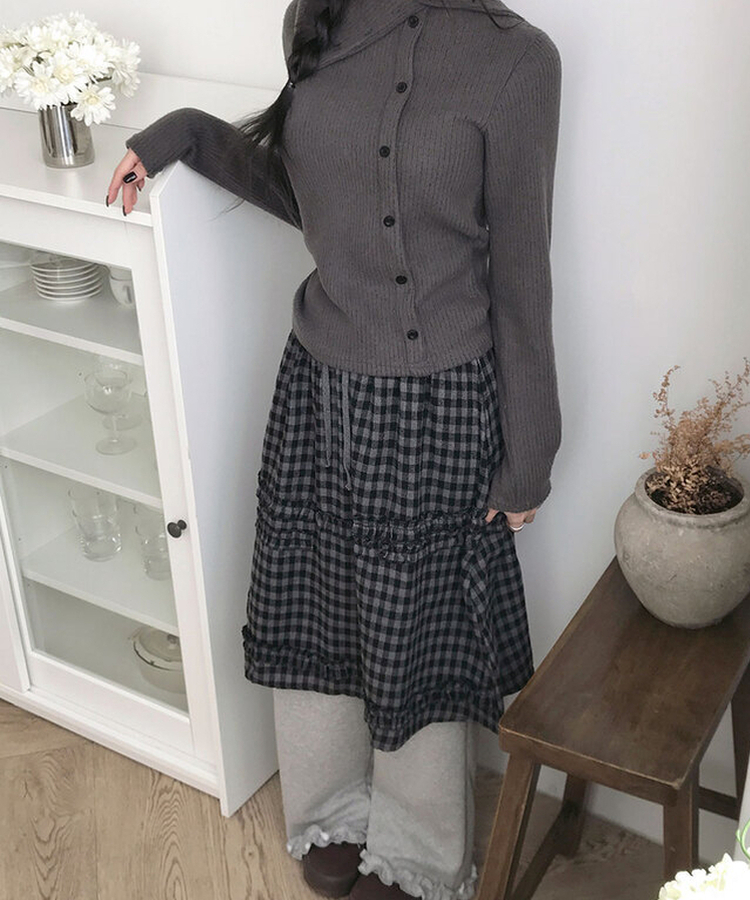 에이나 체크 프릴 밴딩 플레어 미디 스커트 a라인 체크치마 체크스커트 차콜