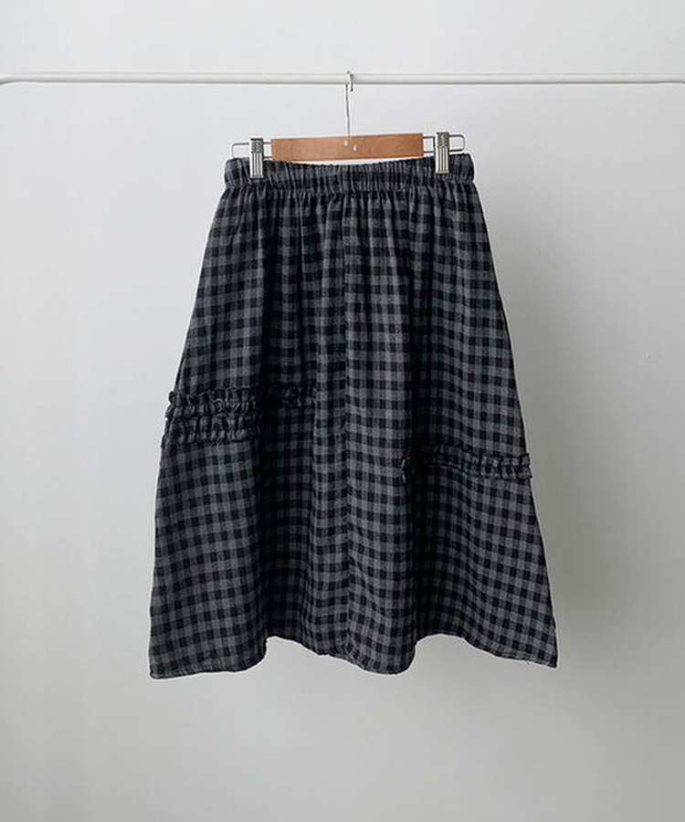 에이나 체크 프릴 밴딩 플레어 미디 스커트 a라인 체크치마 체크스커트