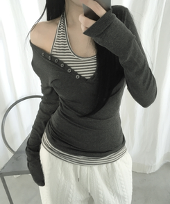 ホルターネックスリムボーダータンクトップ IVORY