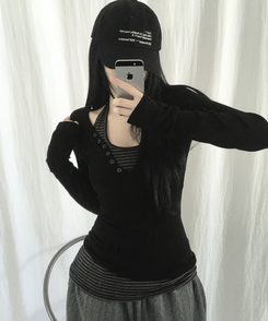 ホルターネックスリムボーダータンクトップ BLACK