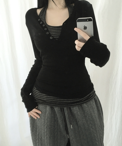 ホルターネックスリムボーダータンクトップ BLACK