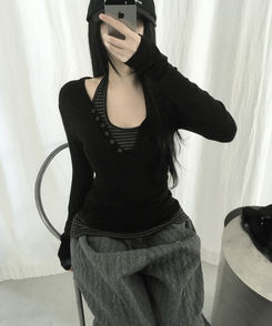 ホルターネックスリムボーダータンクトップ BLACK