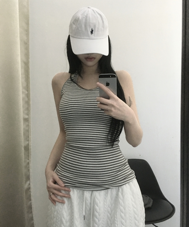 ホルターネックスリムボーダータンクトップ IVORY