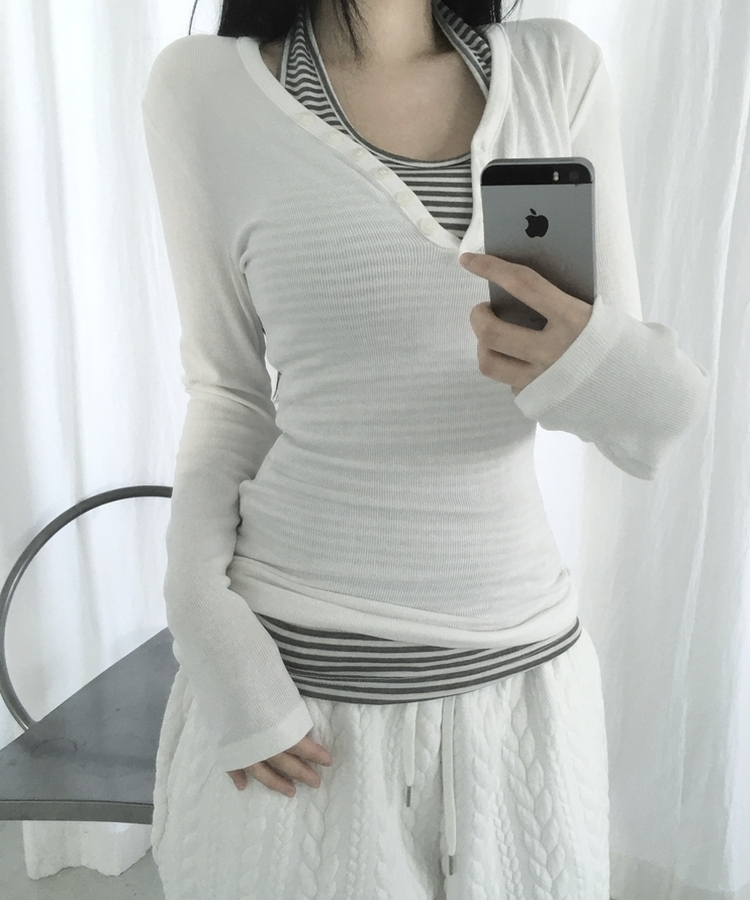 ホルターネックスリムボーダータンクトップ IVORY