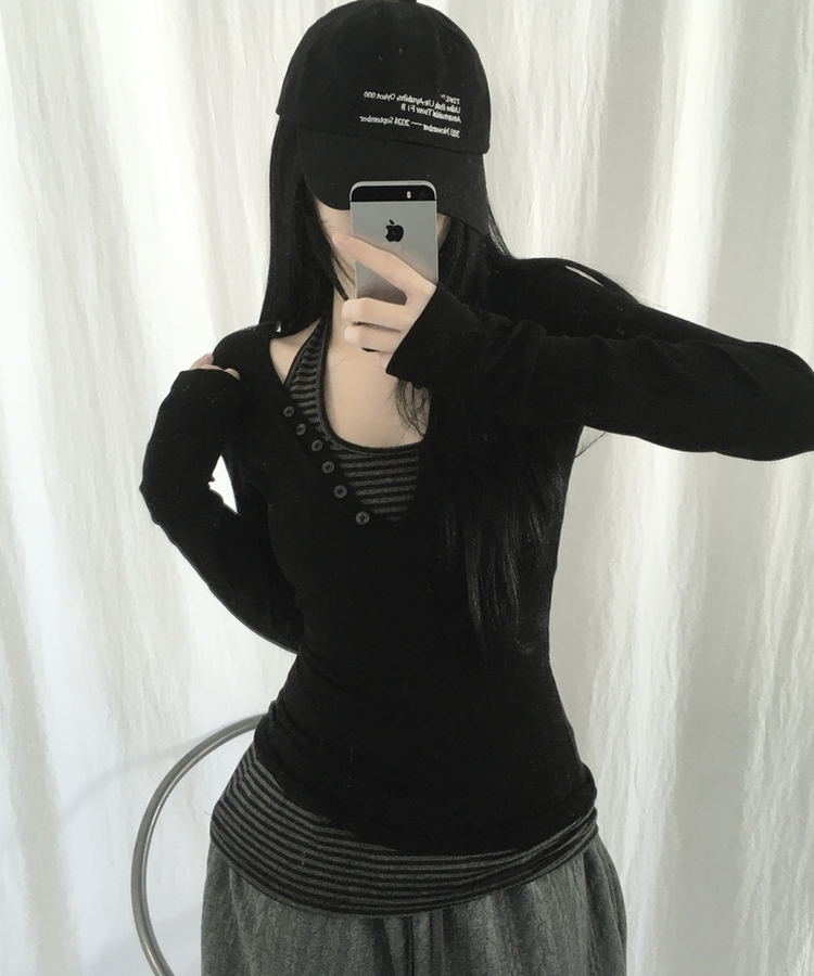 ホルターネックスリムボーダータンクトップ BLACK