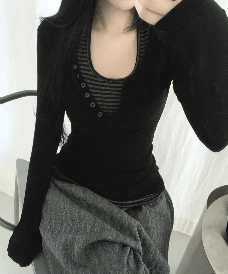 ホルターネックスリムボーダータンクトップ BLACK