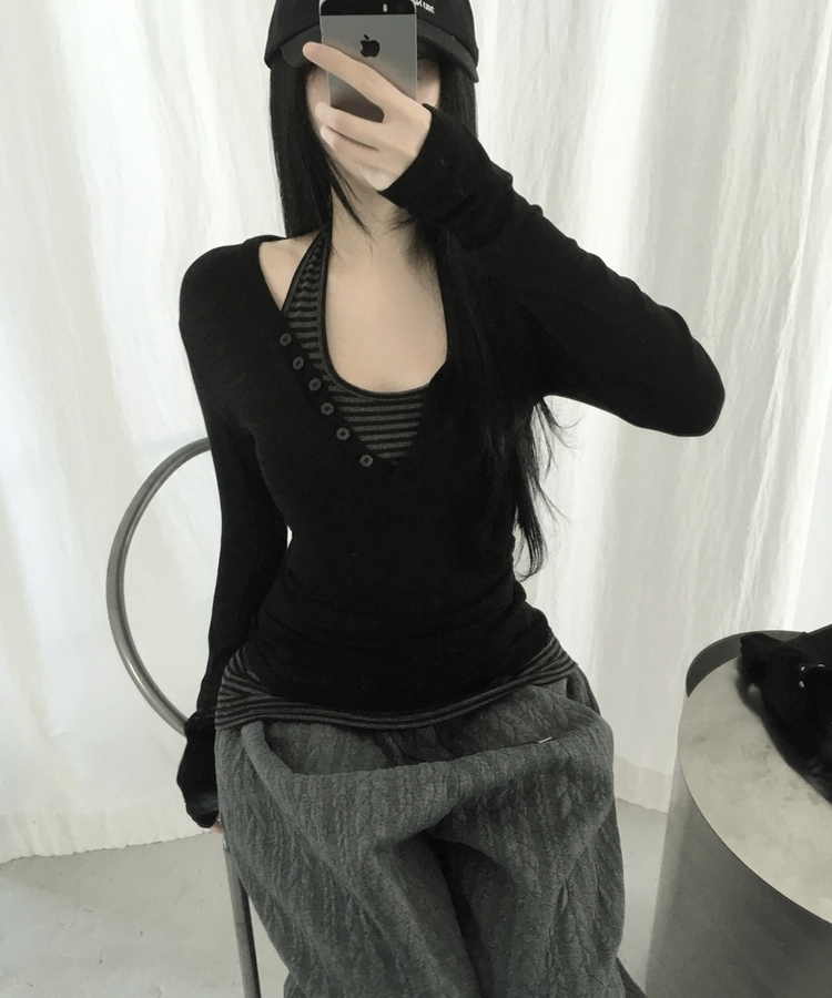 ホルターネックスリムボーダータンクトップ BLACK