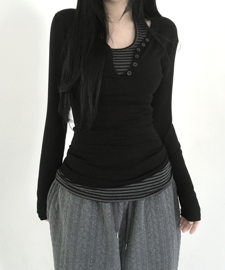 ホルターネックスリムボーダータンクトップ BLACK