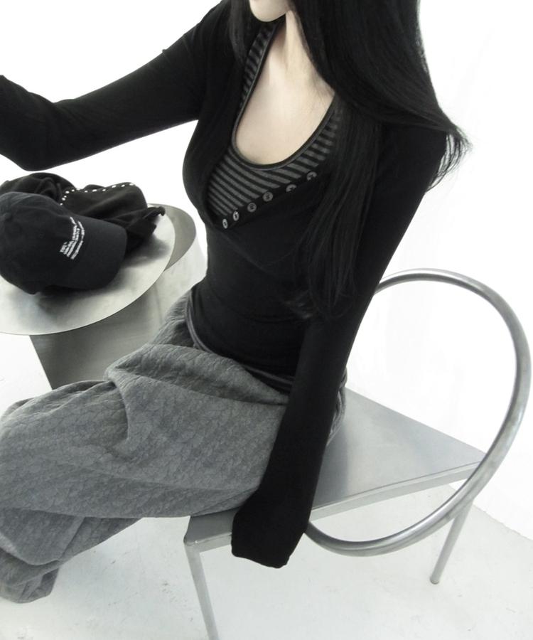 ホルターネックスリムボーダータンクトップ BLACK