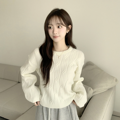 크림치즈 포근 라운드 울 케이블 겨울 긴팔 니트 세미 크롭 여리핏 꽈배기 긴팔티 루즈핏 상의 5color 아이보리