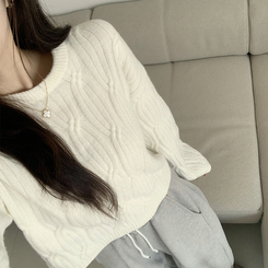 크림치즈 포근 라운드 울 케이블 겨울 긴팔 니트 세미 크롭 여리핏 꽈배기 긴팔티 루즈핏 상의 5color 아이보리
