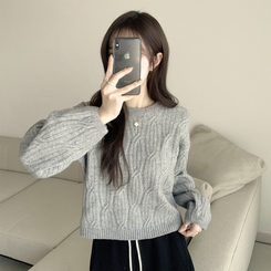 크림치즈 포근 라운드 울 케이블 겨울 긴팔 니트 세미 크롭 여리핏 꽈배기 긴팔티 루즈핏 상의 5color 그레이