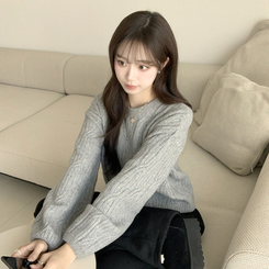 크림치즈 포근 라운드 울 케이블 겨울 긴팔 니트 세미 크롭 여리핏 꽈배기 긴팔티 루즈핏 상의 5color 그레이