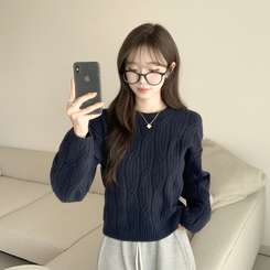 크림치즈 포근 라운드 울 케이블 겨울 긴팔 니트 세미 크롭 여리핏 꽈배기 긴팔티 루즈핏 상의 5color 네이비