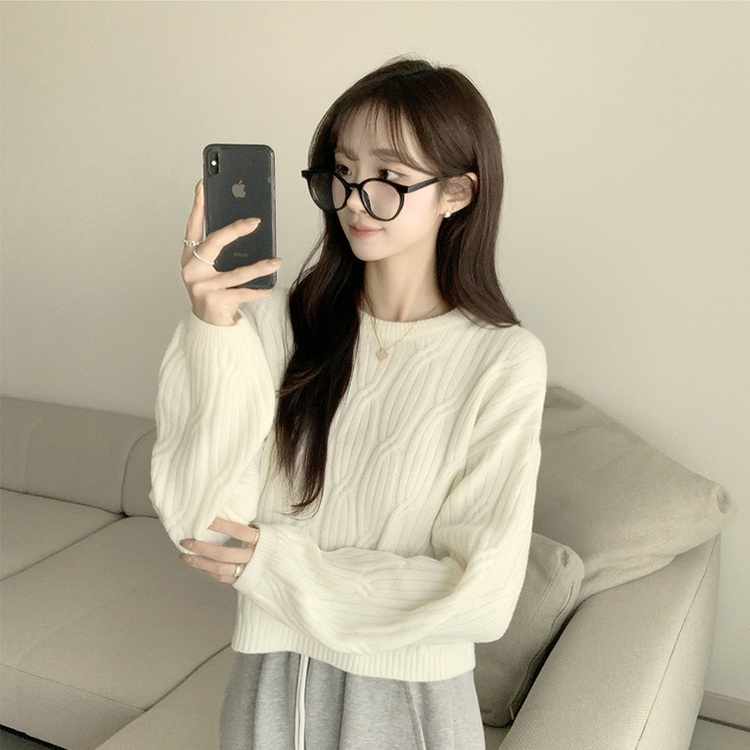 크림치즈 포근 라운드 울 케이블 겨울 긴팔 니트 세미 크롭 여리핏 꽈배기 긴팔티 루즈핏 상의 5color 아이보리