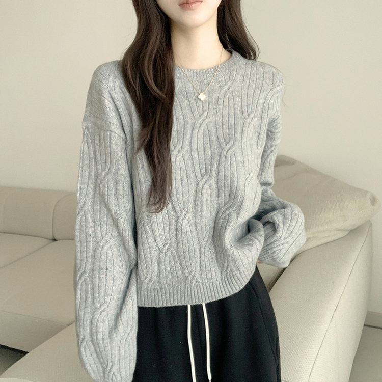 크림치즈 포근 라운드 울 케이블 겨울 긴팔 니트 세미 크롭 여리핏 꽈배기 긴팔티 루즈핏 상의 5color 그레이