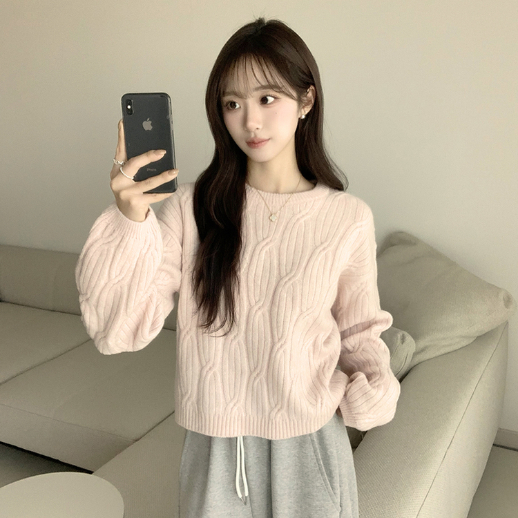 크림치즈 포근 라운드 울 케이블 겨울 긴팔 니트 세미 크롭 여리핏 꽈배기 긴팔티 루즈핏 상의 5color 핑크