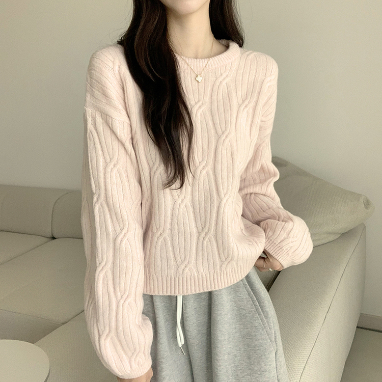 크림치즈 포근 라운드 울 케이블 겨울 긴팔 니트 세미 크롭 여리핏 꽈배기 긴팔티 루즈핏 상의 5color 핑크