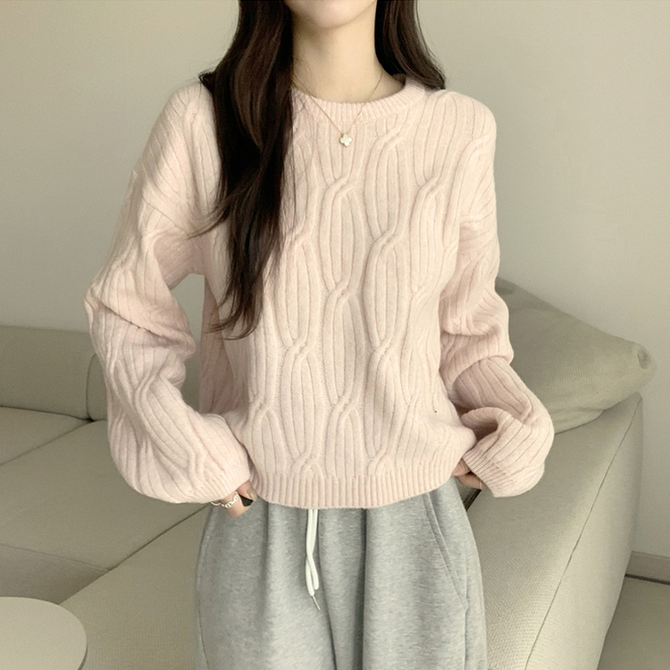 크림치즈 포근 라운드 울 케이블 겨울 긴팔 니트 세미 크롭 여리핏 꽈배기 긴팔티 루즈핏 상의 5color 핑크