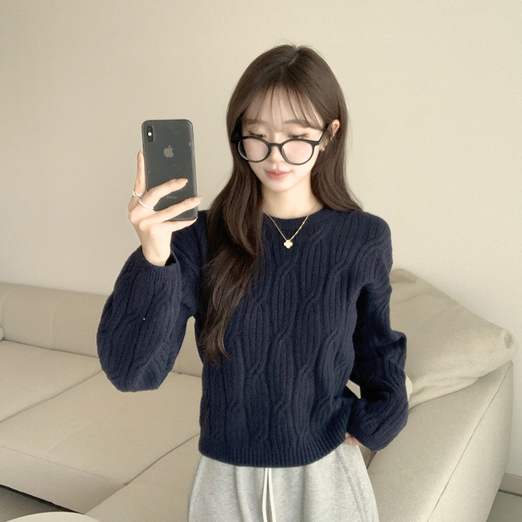 크림치즈 포근 라운드 울 케이블 겨울 긴팔 니트 세미 크롭 여리핏 꽈배기 긴팔티 루즈핏 상의 5color 네이비