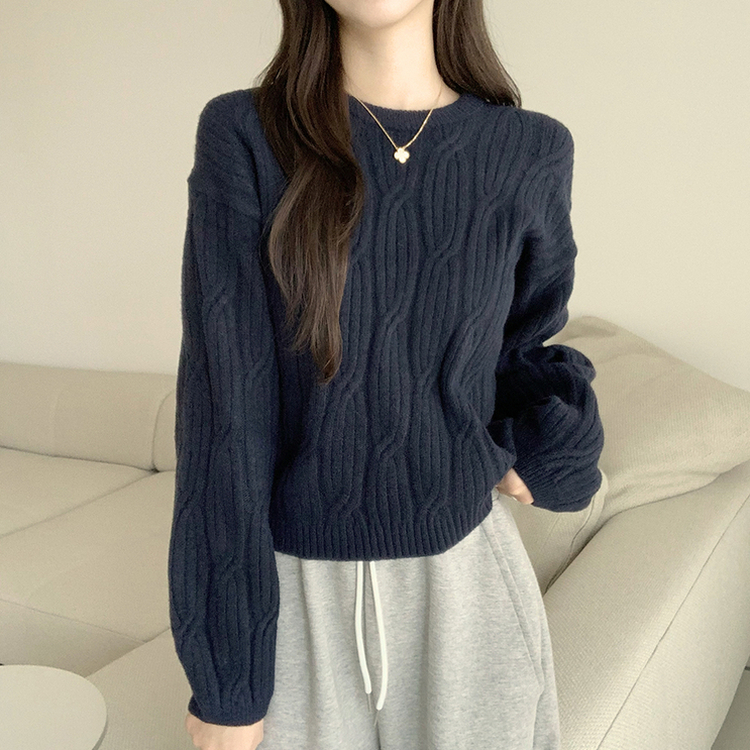 크림치즈 포근 라운드 울 케이블 겨울 긴팔 니트 세미 크롭 여리핏 꽈배기 긴팔티 루즈핏 상의 5color 네이비