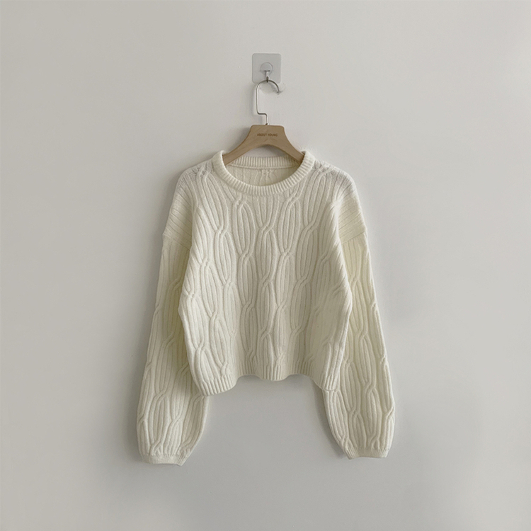 크림치즈 포근 라운드 울 케이블 겨울 긴팔 니트 세미 크롭 여리핏 꽈배기 긴팔티 루즈핏 상의 5color