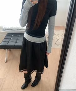 サテンレースミディスカート BLACK