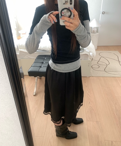 サテンレースミディスカート BLACK