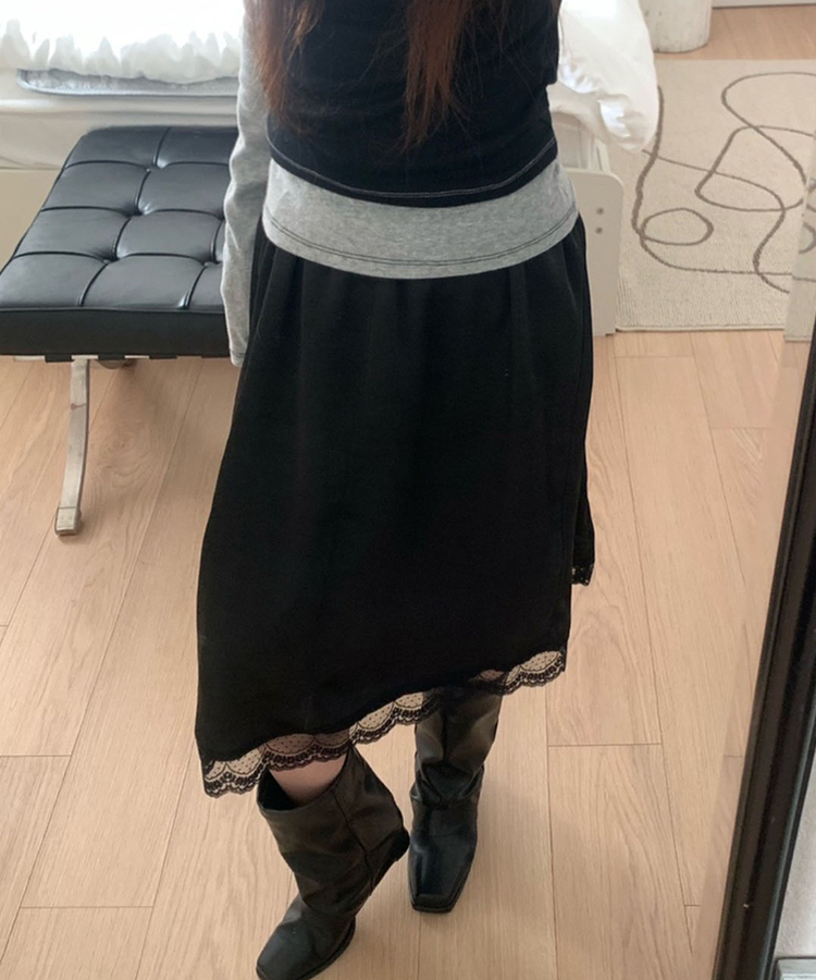 サテンレースミディスカート BLACK