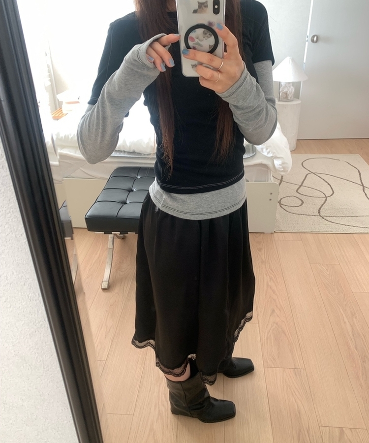 サテンレースミディスカート BLACK