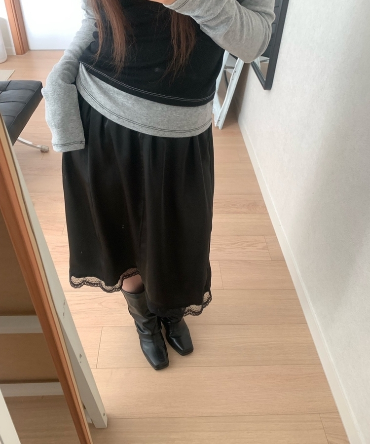 サテンレースミディスカート BLACK