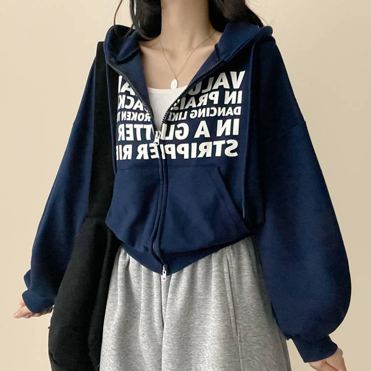 レタリングフードジップアップパーカー   NAVY