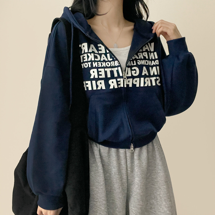 レタリングフードジップアップパーカー   NAVY