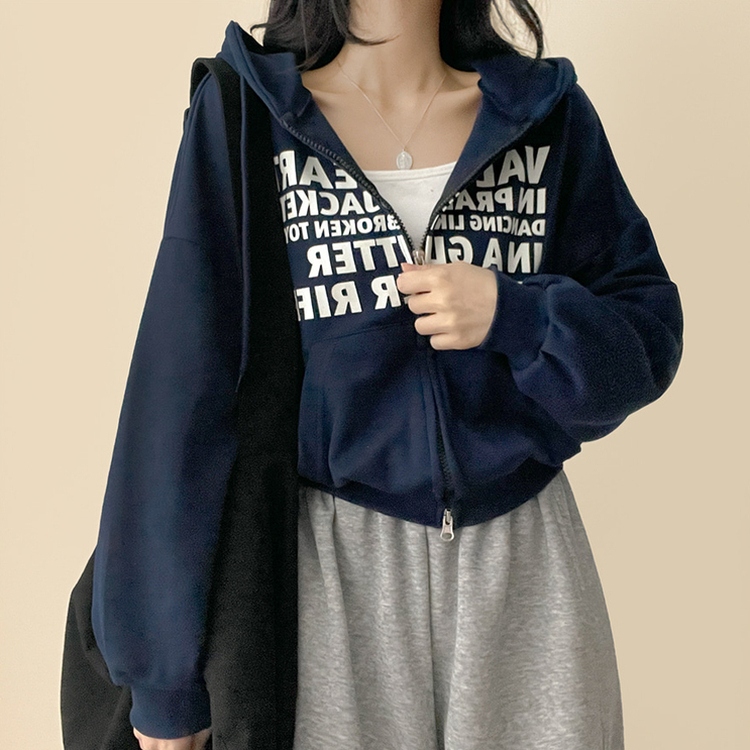 レタリングフードジップアップパーカー   NAVY
