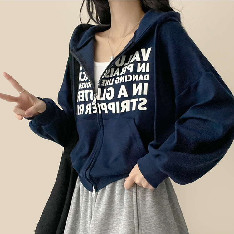 レタリングフードジップアップパーカー   NAVY