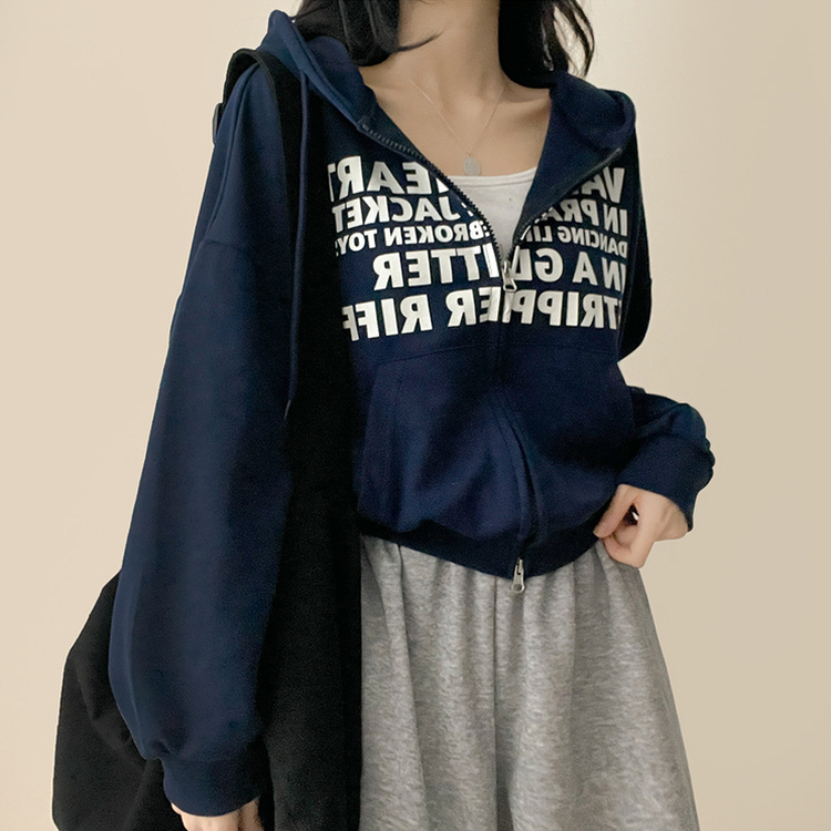 レタリングフードジップアップパーカー   NAVY