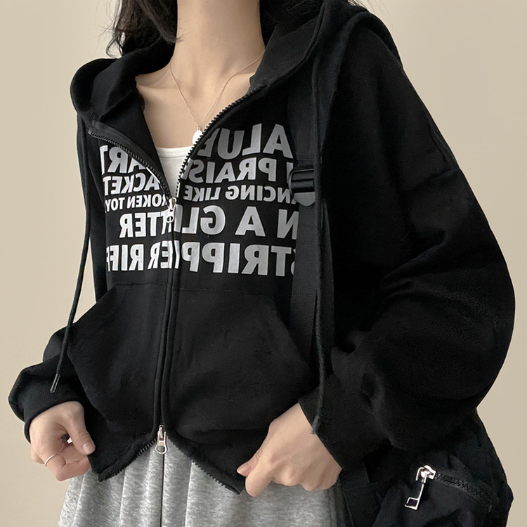 レタリングフードジップアップパーカー   BLACK