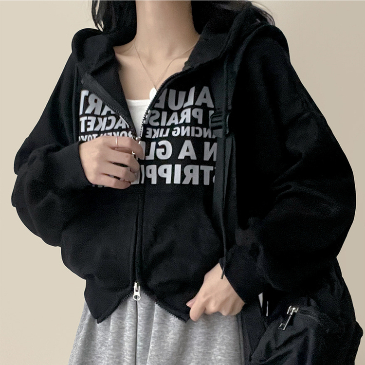 レタリングフードジップアップパーカー   BLACK